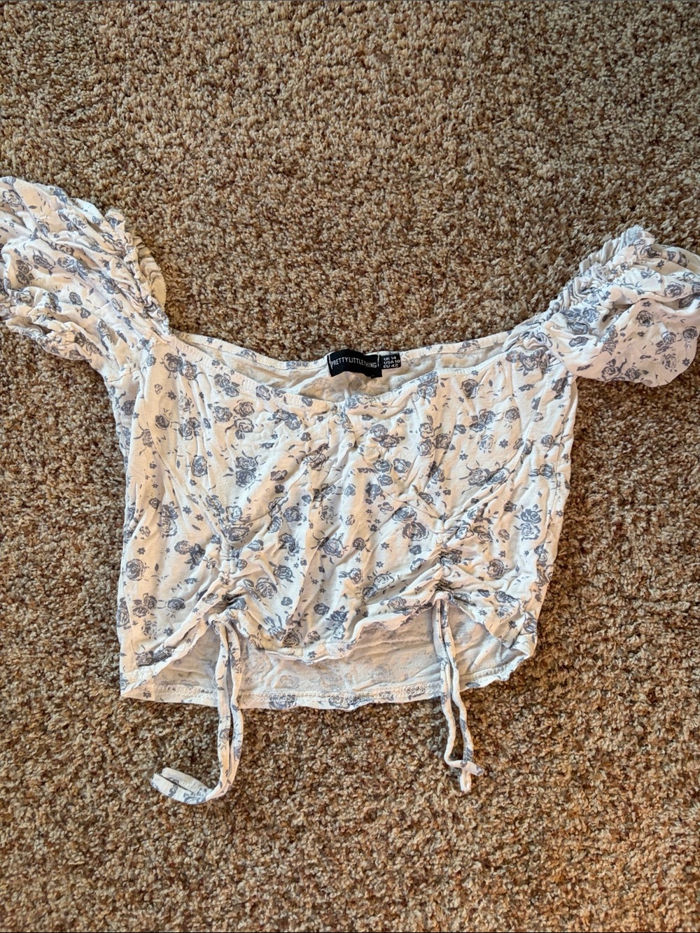 Forever 21 White Floral Cinch-Front Puff Sleeve Crop Top